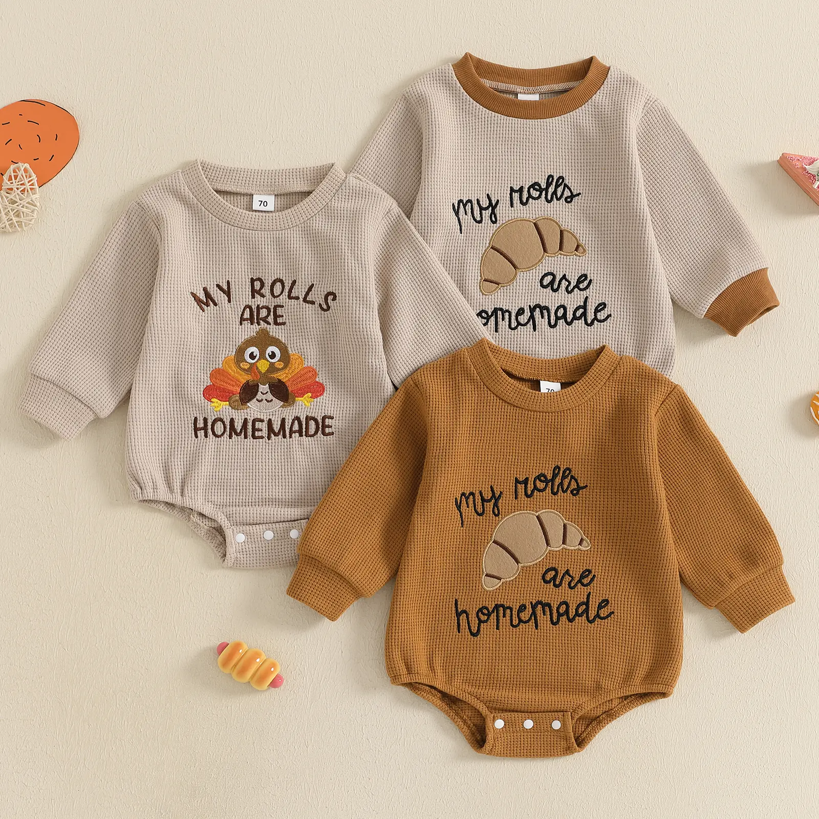 Babamoon Infant Baby Girl Boy Thanksgiving Romper My Rolls are Handmade Embroidery Long Sleeve Jumpsuit Winter Fall Onesie Bodysuit