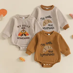 Babamoon Infant Baby Girl Boy Thanksgiving Romper My Rolls are Handmade Embroidery Long Sleeve Jumpsuit Winter Fall Onesie Bodysuit