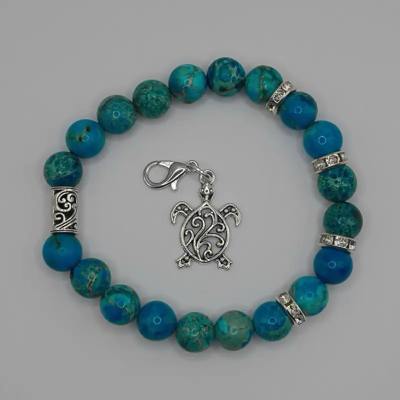 Natural Teal Jasper Gemstone Bracelet with Silvery Turtle Charm, perfect for summer and turtle lovers as a gift!  With this bracelet, together we support Loggerheads Sea Turadtle Rescue in Florida.  Made with love.