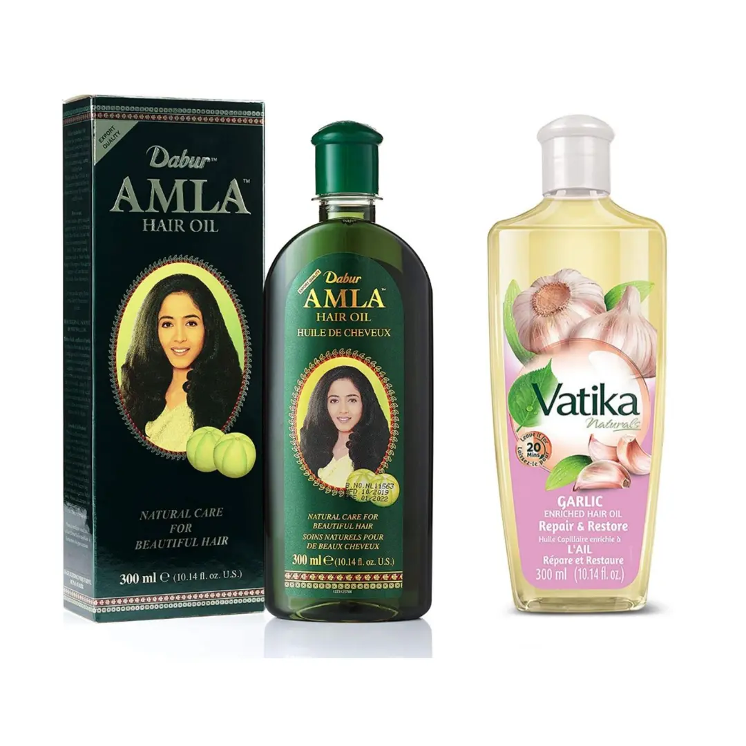Pack of Dabur Vatika Garlic Hair Oil 10.14oz/300ml + Amla Hair Oil 10.14oz/300ml - For Healthy, Moisturized Hair and Scalp