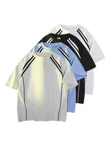 One-piece Men’s retro two-stripe raglan sleeve T-shirt, Y2K athletic oversized tee, casual streetwear sporty top for summer