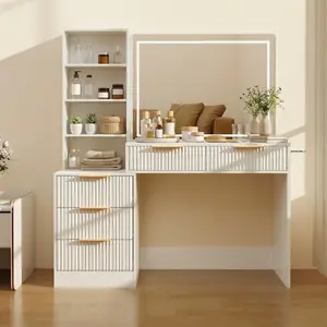 💄 48" Fluted Vanity Desk with Lights – Glass Top, 5 Drawers & Charging Station – Large Dressing Table with 36" Mirror – Oak Finish for Bedroom! ✨