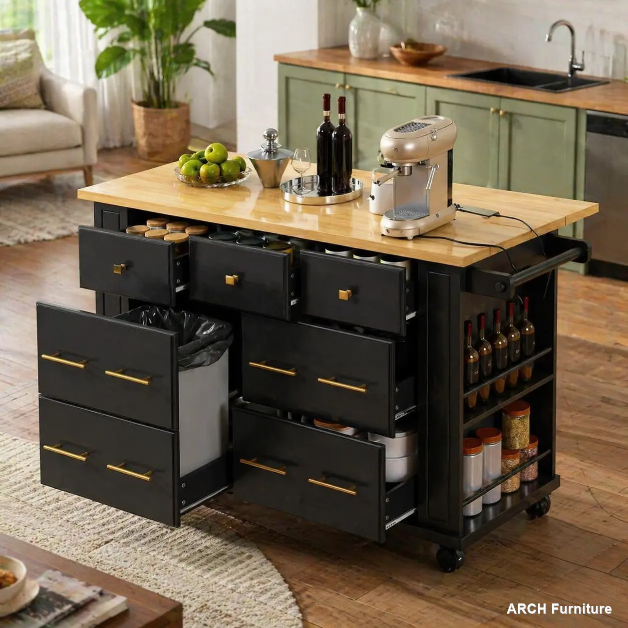 K&K Kitchen Island with 6 Drawers, Pull Out Trash Can Storage, Rolling Kitchen Island on 5 Wheels with Drop Leaf, Power Outlet, 5 Open Side Racks for Kitchen, Dining Room, Black