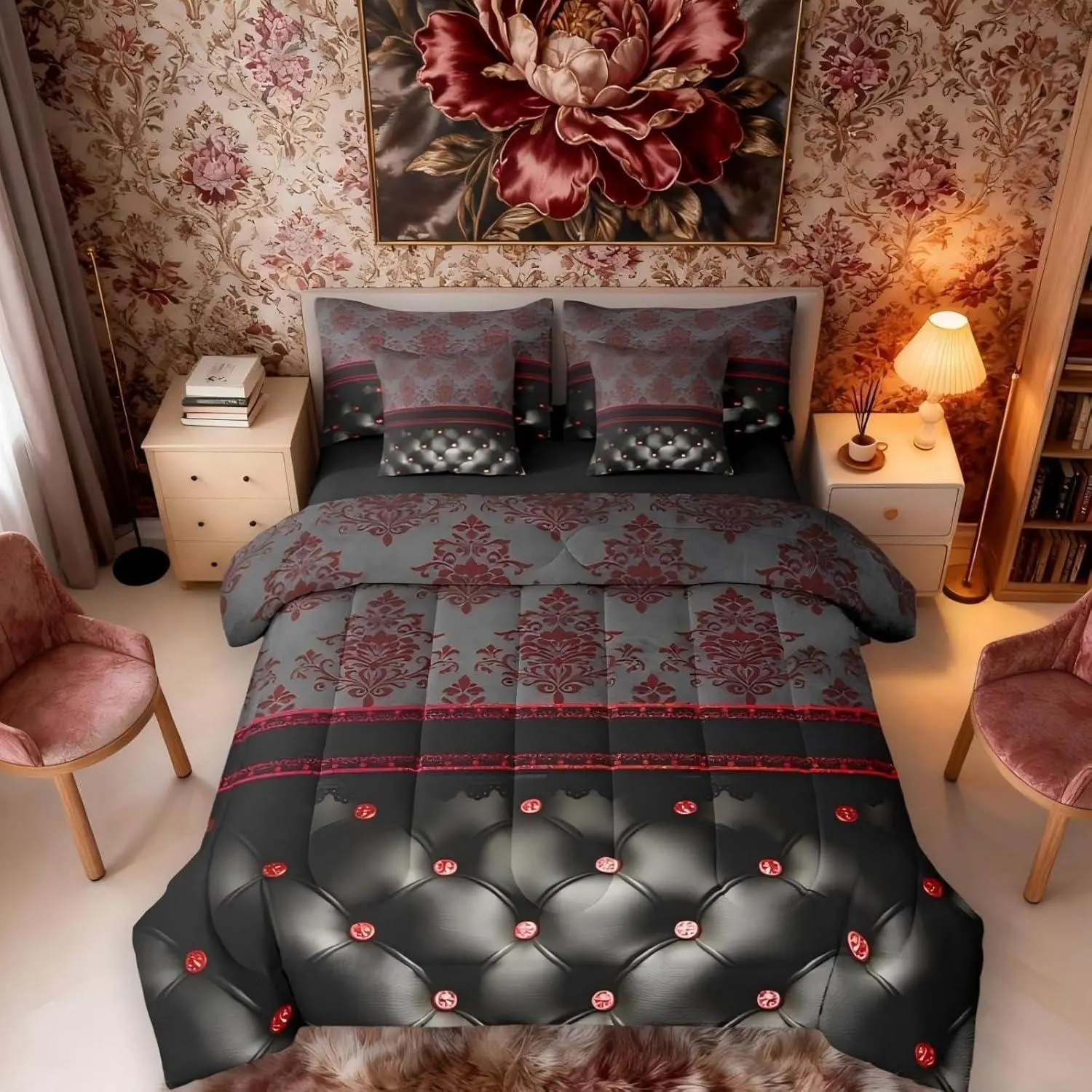 Feelyou 7-Piece Red Damask Print Bedding Set with Sheets, Multi-Size Victorian Gothic Vintage Floral Design, Luxury Black Diamond Texture Bohemian Bed-in-a-Bag, Machine Washable for Baroque Goth Room Decor, Machine Wash