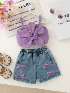 Summer Baby Girl Cute Vacation Style 3D Flower Halter Top & Bow Denim Shorts Set, Summer Gift Set, Adorable for Girls, Perfect for Warm Weather, Outfits