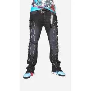 Rugged Urban Distressed Jeans - Best Fitted Black Stack with Fringe Cuts