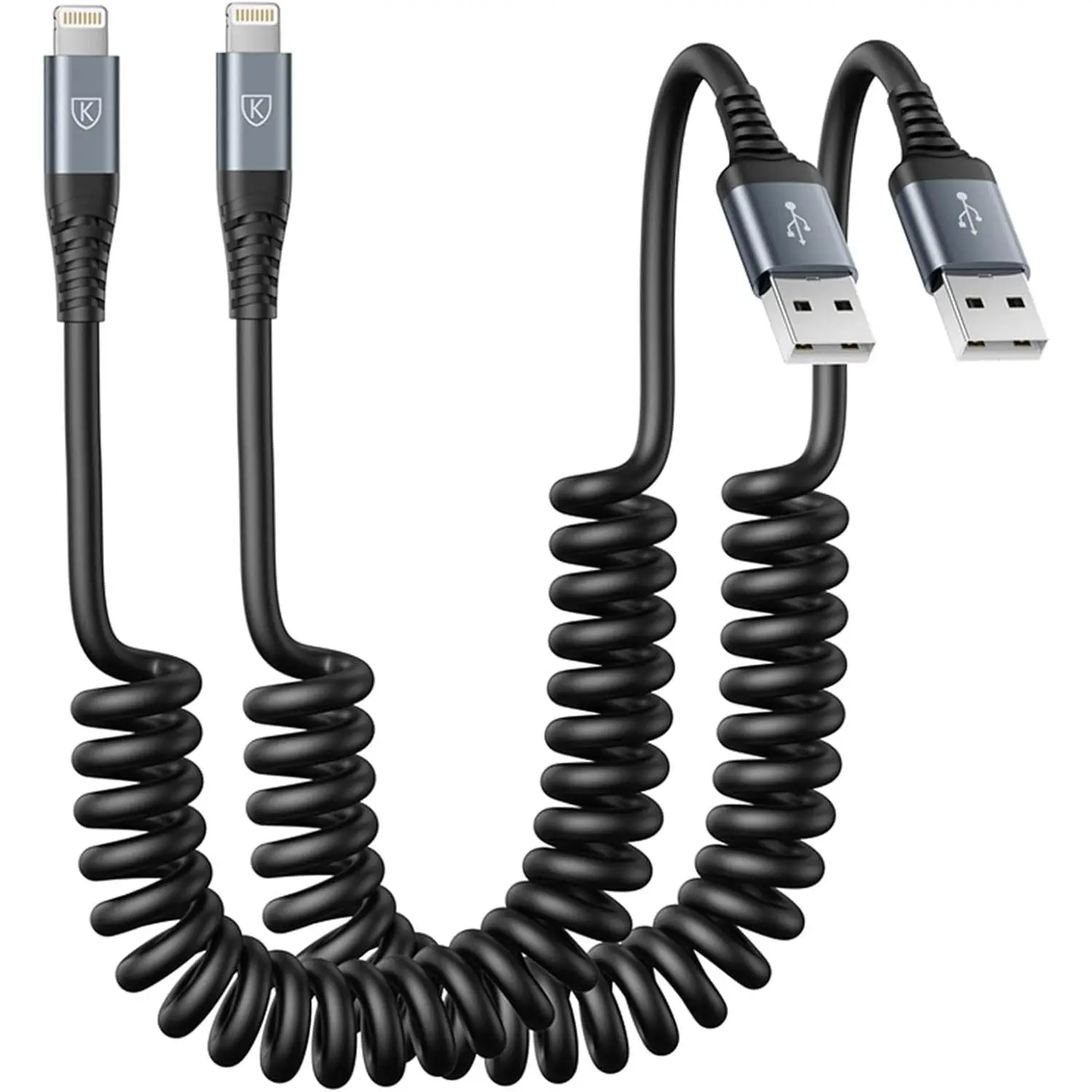 Coiled Lightning Cable, iPhone Charger Cable 3FT for Car, 2 Pack [ MFi Certified] 3 Feet Lightning Cord Compatible with iPhone14/13/12/11 Pro Max/XS MAX/XR/XS/X/8/7/Plus/6S iPad/iPod- Black