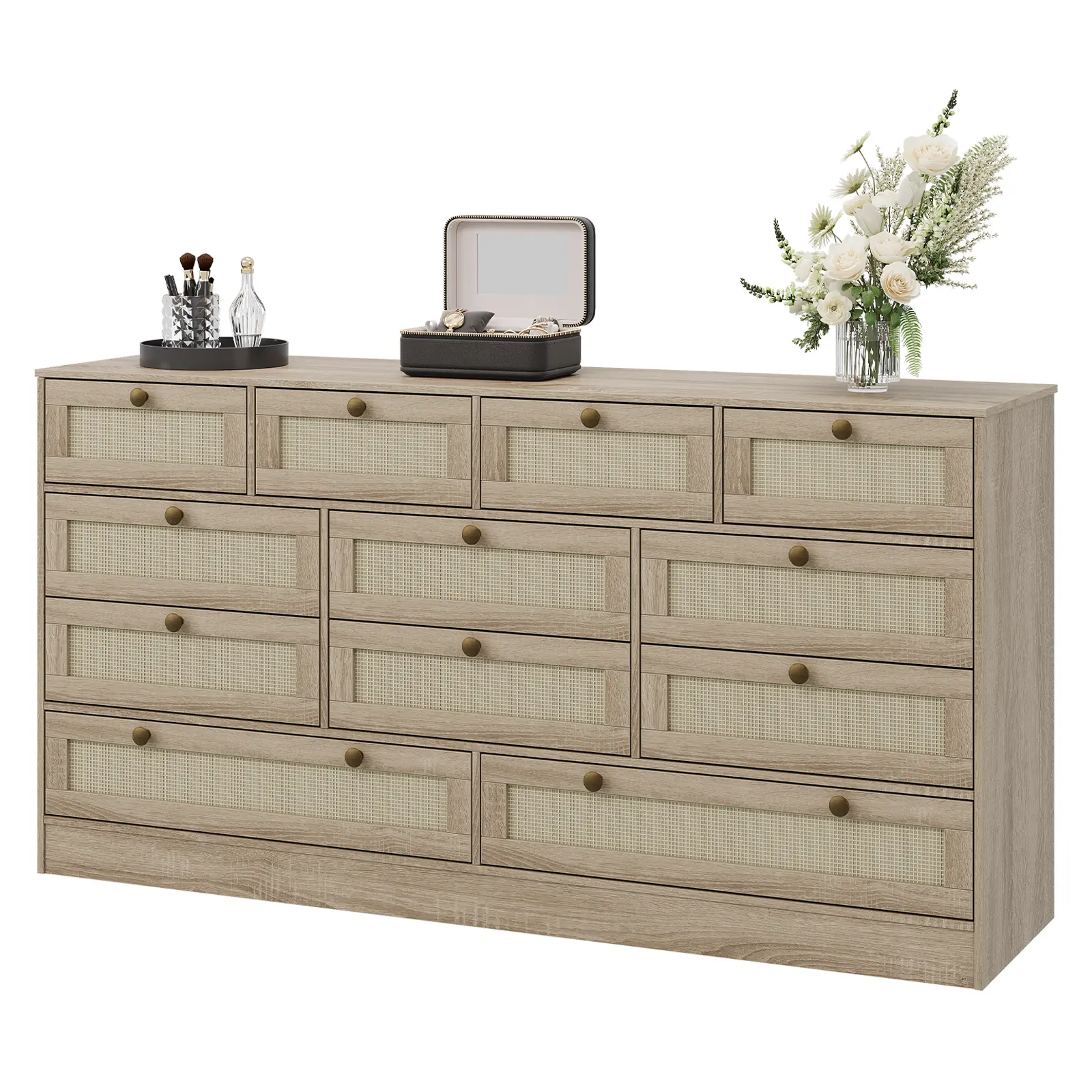 12 Drawer Wood Dresser for Bedroom, Modern Wooden Chest of Drawers with Rattan Woven Drawers, 61 Inch Wide Storage Dresser TV Stand Supports 65 Inch TV, Stable MDF Storage Cabinet for Living Room Closet Hallway Kids Room