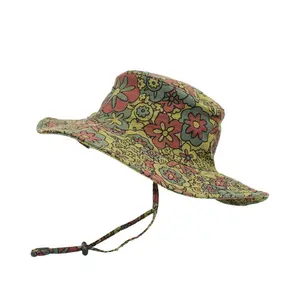 Floral Boho Bucket Hat for Women- 100% Cotton Festival Sun Hat with Chin Strap- Retro Flower Power Beach Hat-Summer Boonie Hat, Gift For Her
