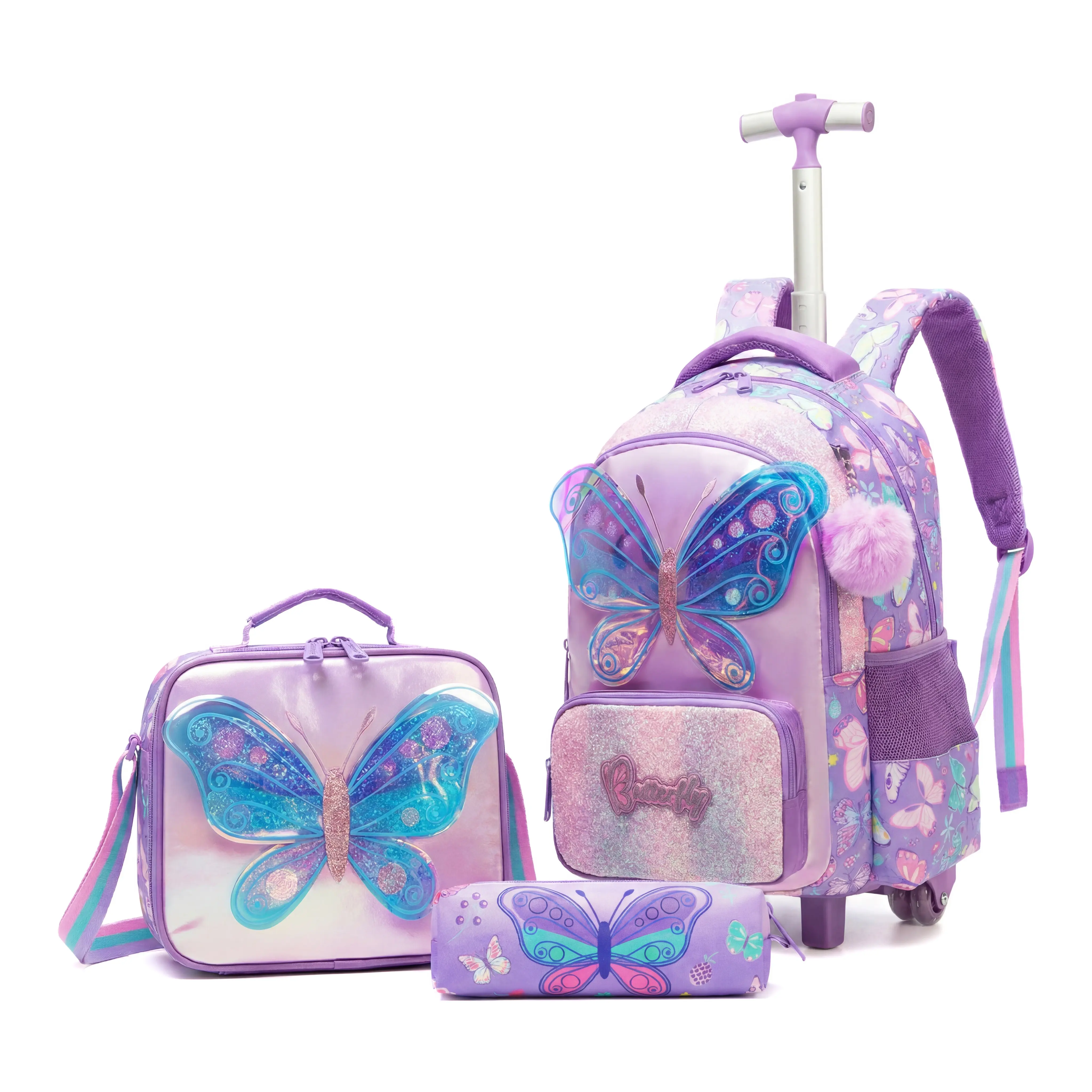 Kids' 3-Piece Rolling Backpack Set, Kawaii Mermaid Cat Graphic Bag Design, Luggage/Trolley Bag with Lunch Box & Pencil Case for Travel, Kawaii Backpack, Bag Design Backpack