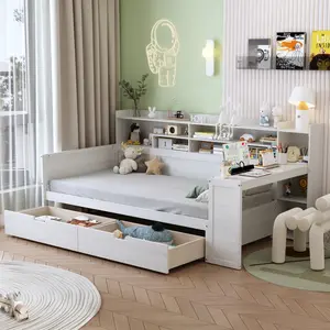 [Bellemave] Wooden Daybed with Study Desk, Multi-functional Bed Frame with 2 Storage Drawers & Storage Headboard, No Box Spring Needed, Easy Assembly