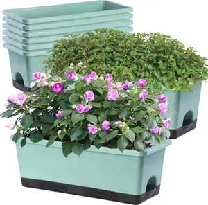 Window Box Planter 8 Pcs, 17 Inches Rectangle Flower Pots with Drainage Holes and Trays, Vegetable Planters