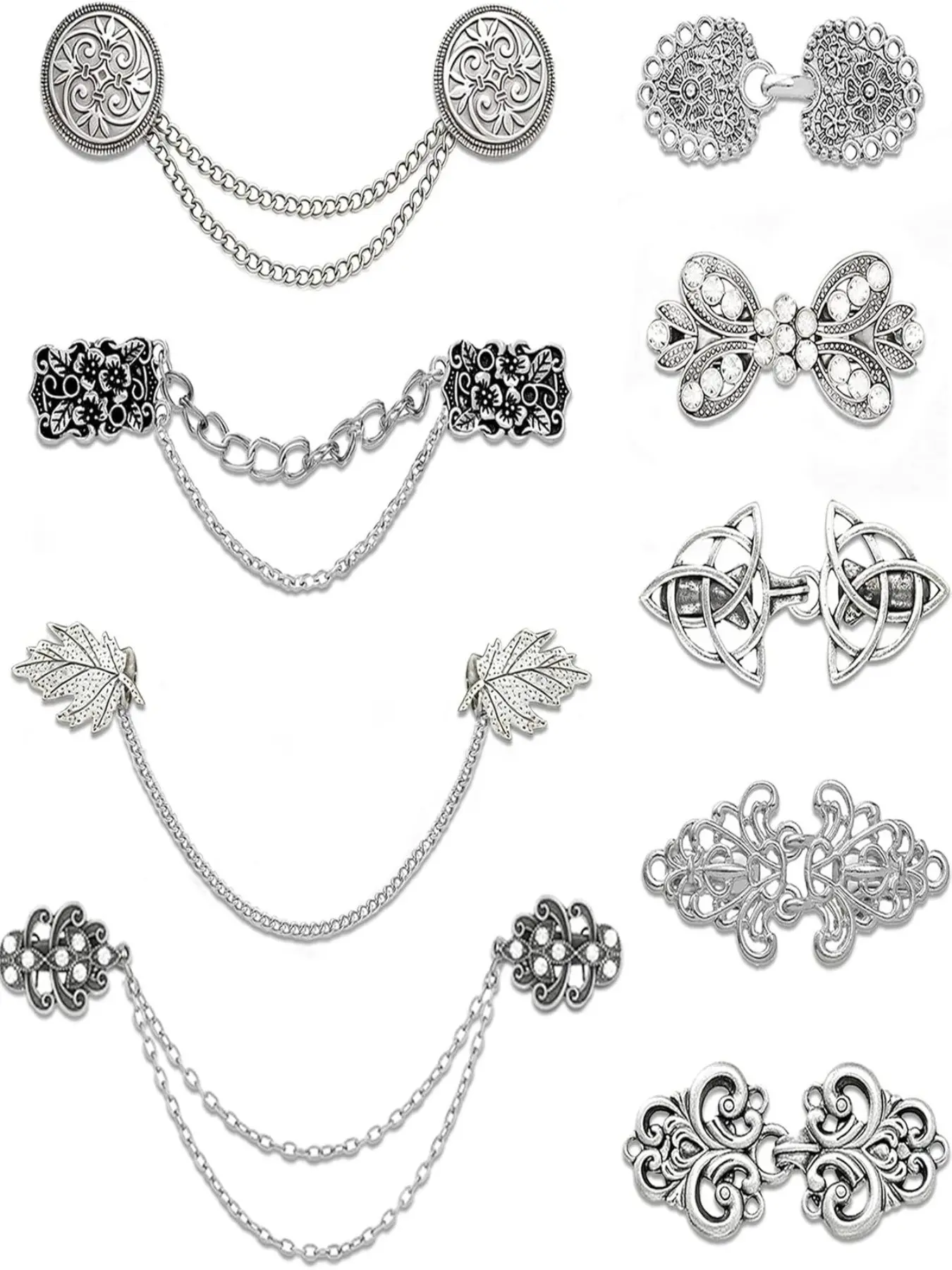 Vintage Sweater Cardigan Shawl Chain Clips Swirl Cape Cloak Collar Clasp Pin Retro Shirt Dress Lapel Brooch Pins Rose Flower Leaf Pearl Heart Rhinestone Renaissance Brooch Clip For Women Men