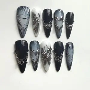 Black & White Gradient HandMade Press On Nails | 3D Metallic Butterfly Nails