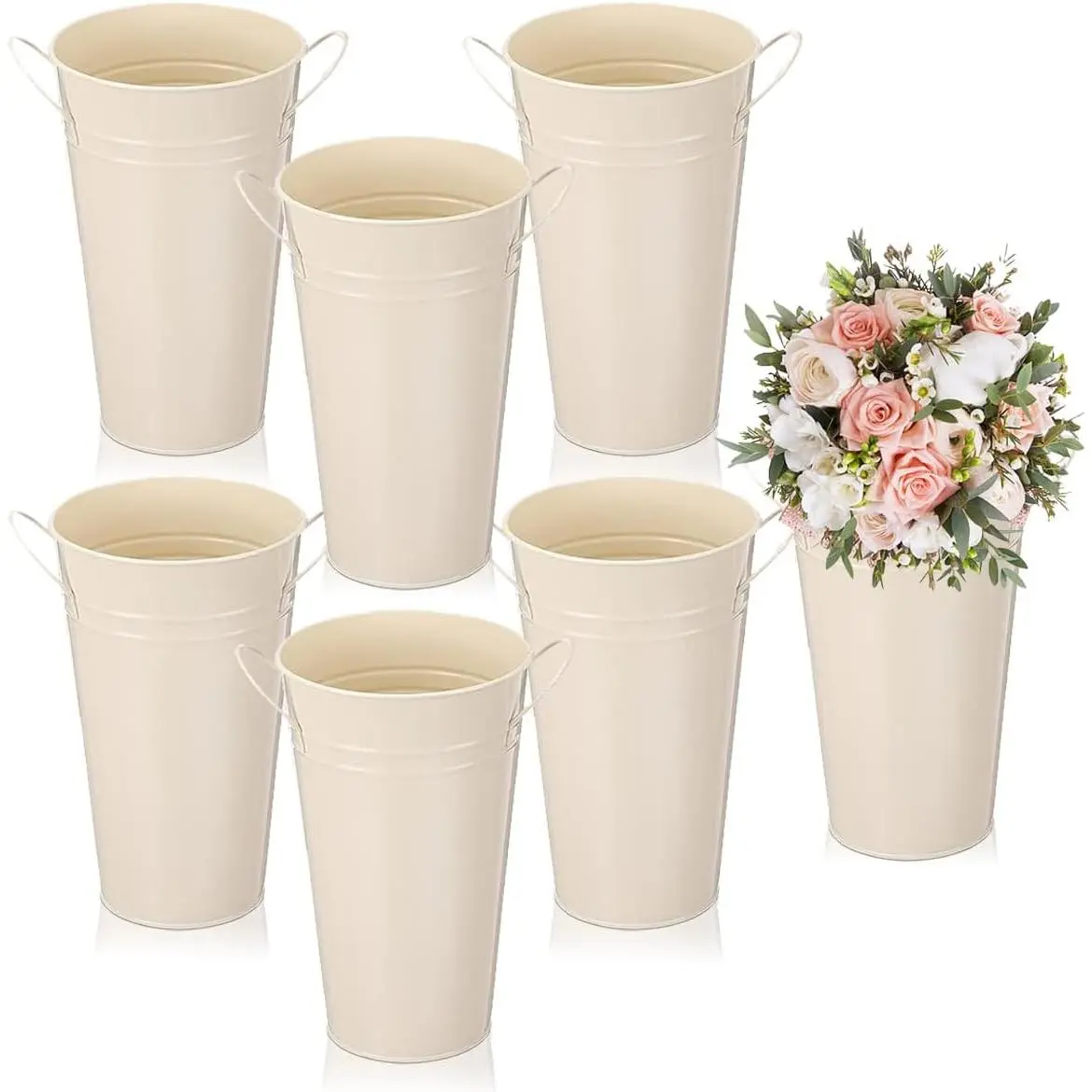 6 count Galvanized Metal Vases with Handle Flower Metal Planter Galvanized Buckets Bulk    Bucket for  Decor Wedding Table Centerpiece Decorations (Beige, 9.8 Inch)