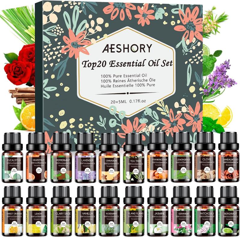 AESHORY Natural Essential Oils Gift Set for Birthday & Anniversary - 20 x 5ML Aromatherapy Oils (Lavender, Eucalyptus, Tea Tree, Vanilla Scents, Cedar) for Diffusers, Skin Care, Hair Care, Humidifiers, Candle & Soap Making