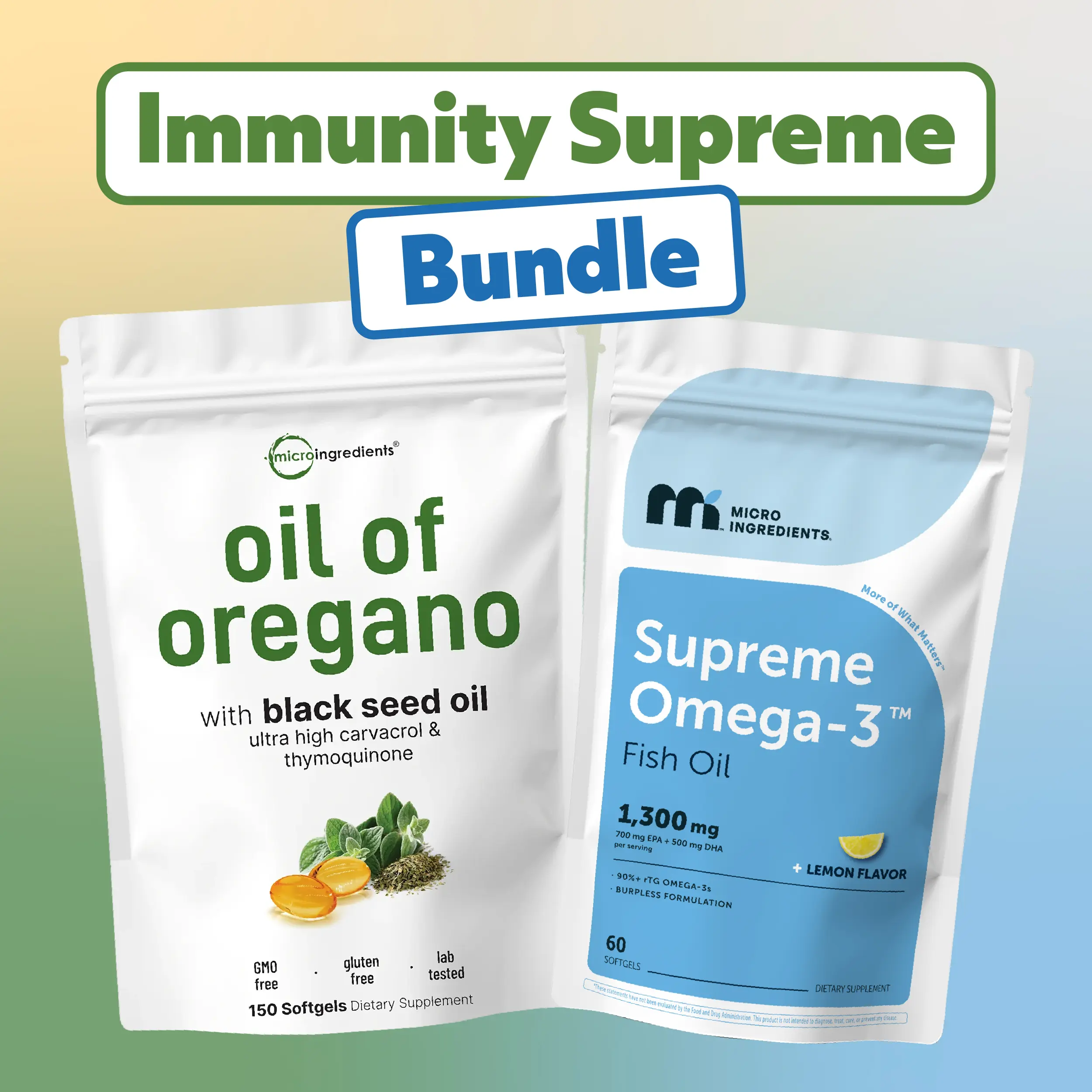 Micro Ingredients Immunity Supreme Bundle: Oregano Oil with Black Seed Oil 150 Softgels & Supreme Omega-3 Fish Oil 60 Softgels Micro Ingredients Immunity Supreme Bundle: Oregano Oil with Black Seed Oil 150 Softgels & Supreme Omega-3 Fish Oil 60 Softgels