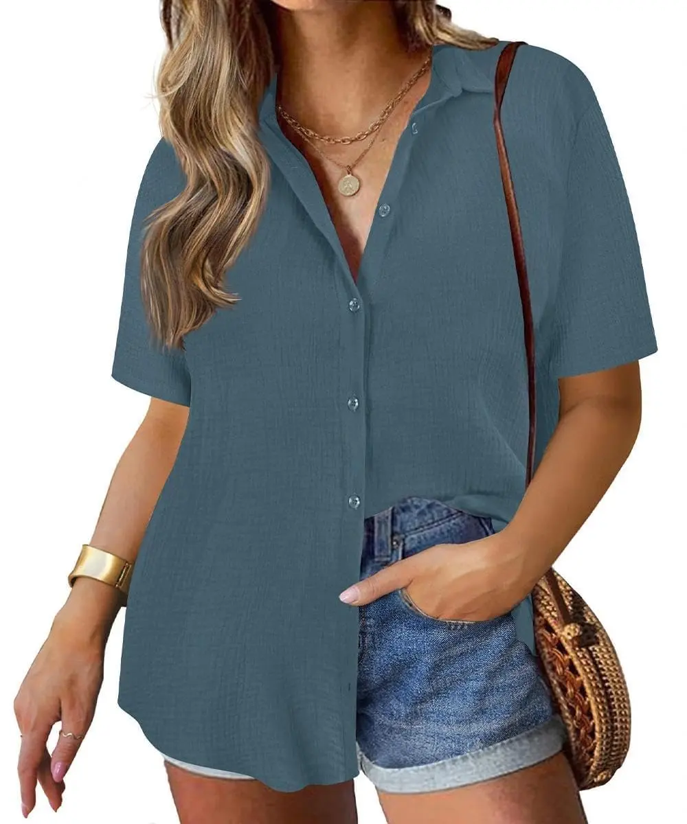Women's Plus Size Blouse, Casual Button-Down Collared Neck Top with Roll-Up Cuffed Short Sleeves, Lightweight Summer Shirt, Short Sleeve Tops, Button Front, Roll Up Sleeve