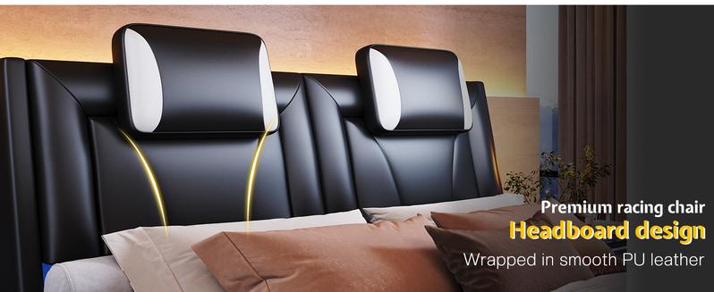 VanAcc Floating Bed Frame with LED Lights, Modern Faux Leather Upholstered Platform Bed, Wave Like Curve Design No Box Spring Needed VanAcc Floating Bed Frame with LED Lights, Modern Faux Leather Upholstered Platform Bed, Wave Like Curve Design No Box Spring Needed