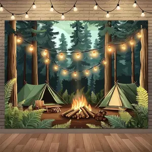 1pc 2D Flat [Camping Night Lights] Camping Forest Night Lights Tent Bonfire Rustic Background Cloth - .5in - Party Banner - Dreamy Rustic Forest Campfire Scene Birthday Celebration Summer Party