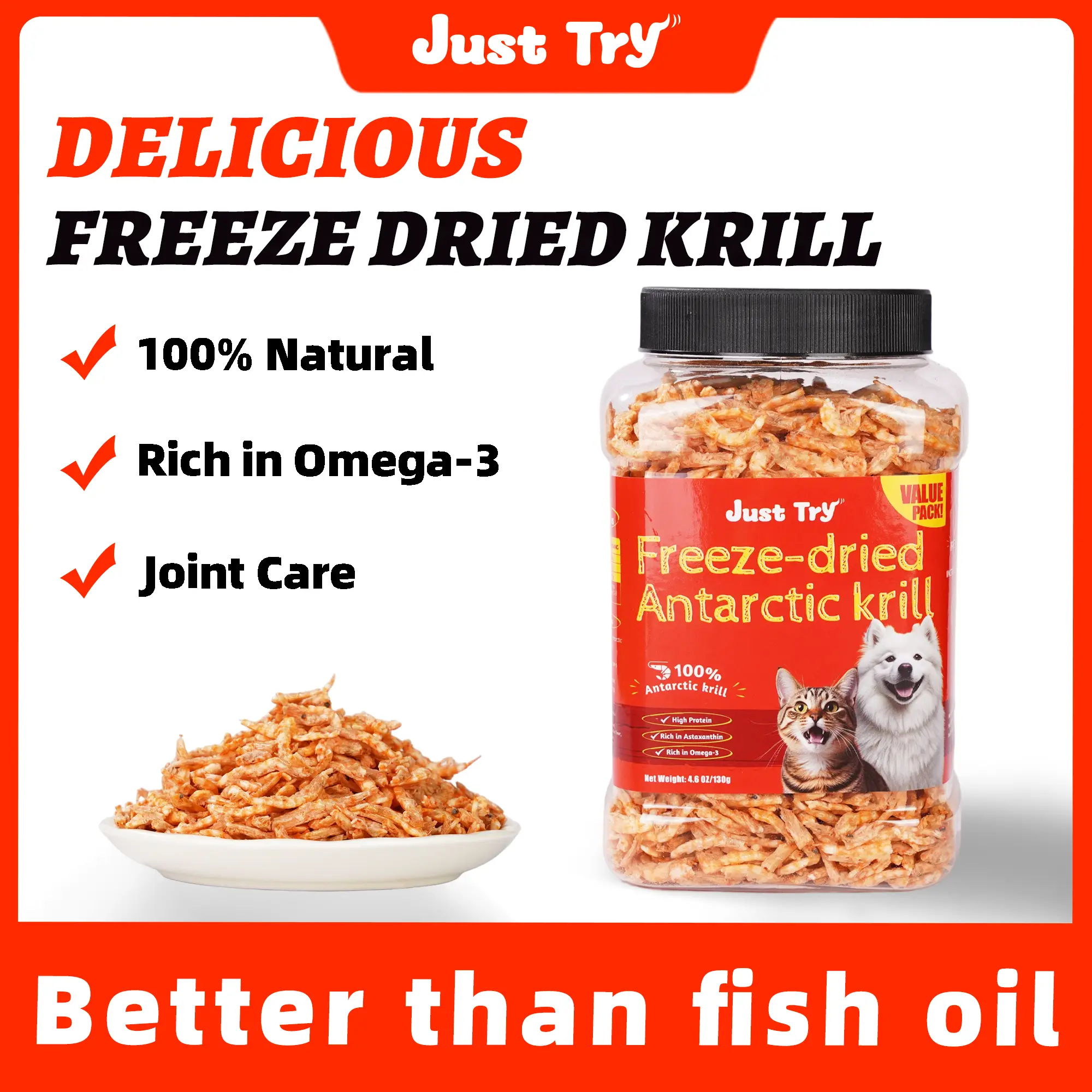FREEZE-DRIED Antarctic Krill for Cats Pure Natural Single-Ingredient Cat Treats –High-Protein Cat Treats Omega-3 Fish Oil for Cats- Supports Skin &