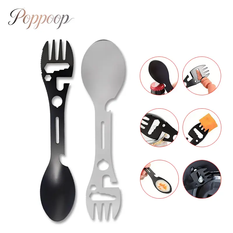 Multifunctional 10-in-1 Camping Spork – Stainless Steel Fork & Spoon with Bottle Opener, Detachable Outdoor Utensil for Hiking