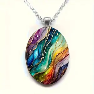 Vintage Ripple Oval Glass Pendant Necklace, White Gold Plated Gift for Loved Ones