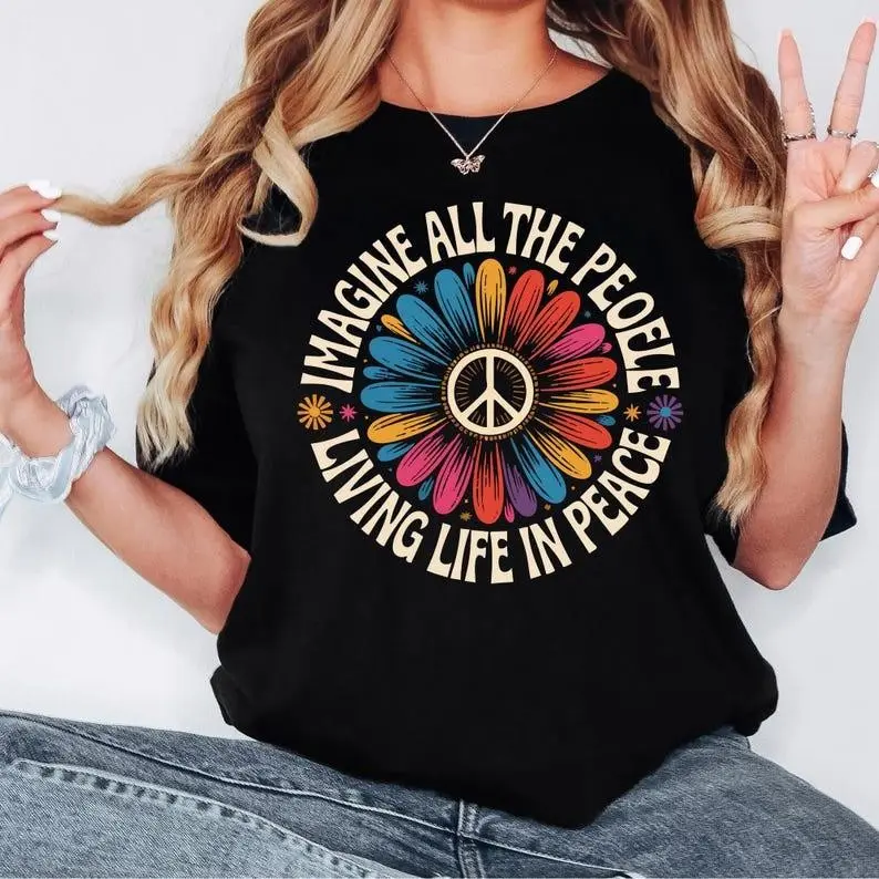 Unisex 100% Cotton Round Neck Short‑Sleeve T‑Shirt‑Imagine Peace Floral Daisy Peace‑Sign Hippie Boho Graphic Print, "Imagine All the People Living Life in Peace" Casual Peace‑Loving Everyday Top