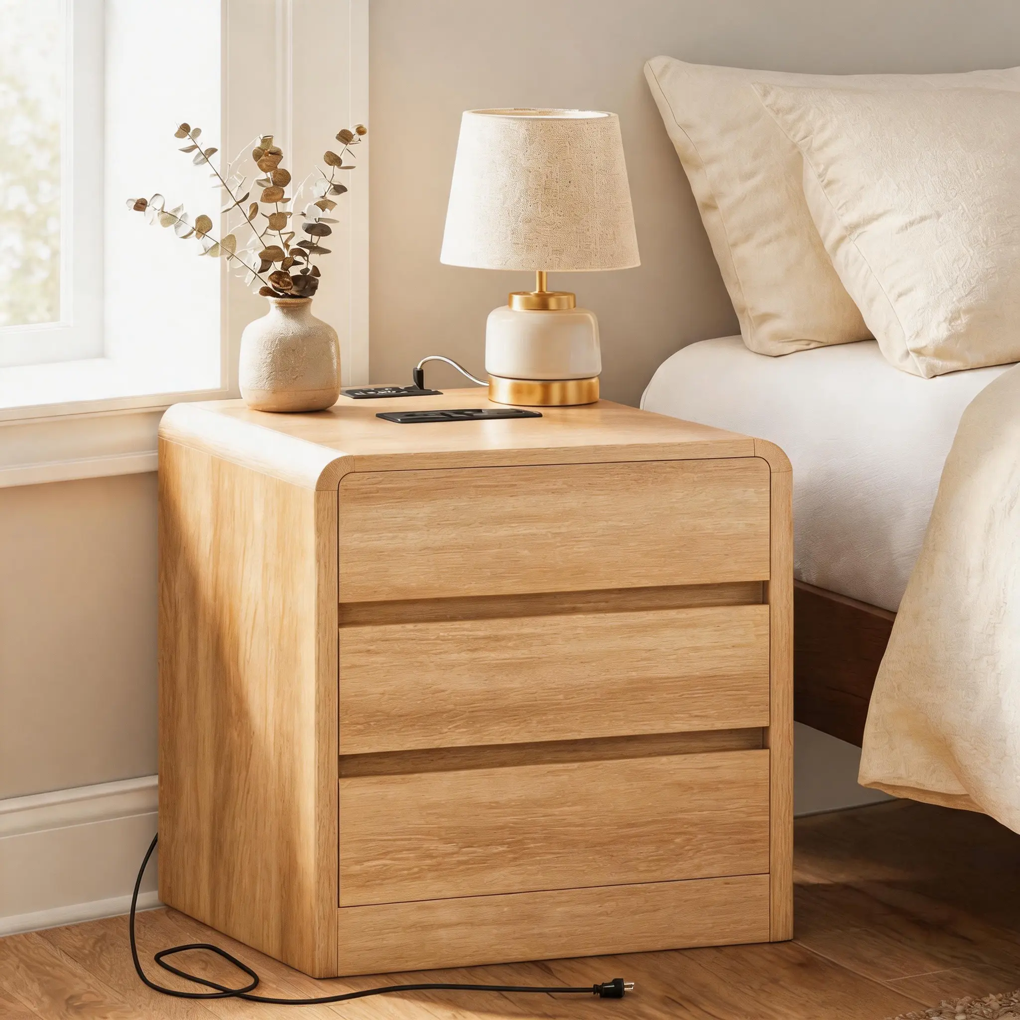 Nightstands Set of 2 with Charging Station and Smooth Curved Edges, Night Stand with 3 Drawers, Bedside Table for Bedroom, Living Room,Dorm Essentials,  Natural.
