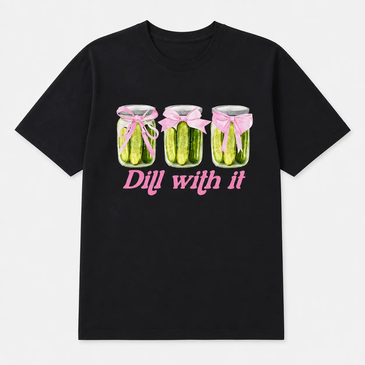 Dill With It Graphic T-Shirt, Funny Pickle Jar Tee with Pink Bows, Cute Coquette Aesthetic Shirt for Women