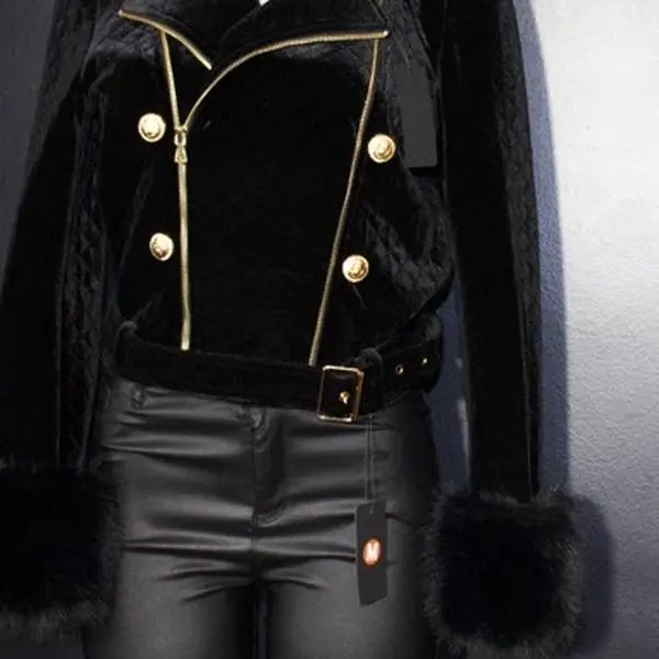 Velvet Coat Luxury Styled with Gold Buttons and Faux Fur Trim for Women