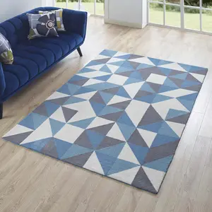 Modway Kahula Geometric Triangle Mosaic 5x8 Area Rug in Blue, White and Gray