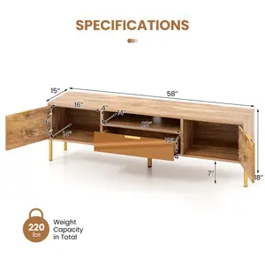 COSTWAY - Mirrored TV Stand for TV up to 65 Inch with Spacious Tabletop and 2 Storage Cabinets-Natural
