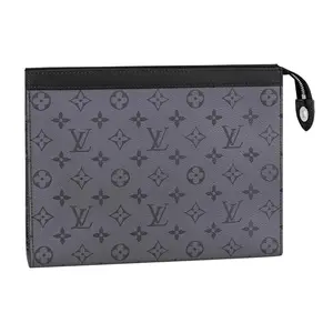 Louis Vuitton Pochette Voyage Handbag for Men, Monogram Coated Canvas and Leather, Sleek Zip-Closure Design, Light Gray and Black