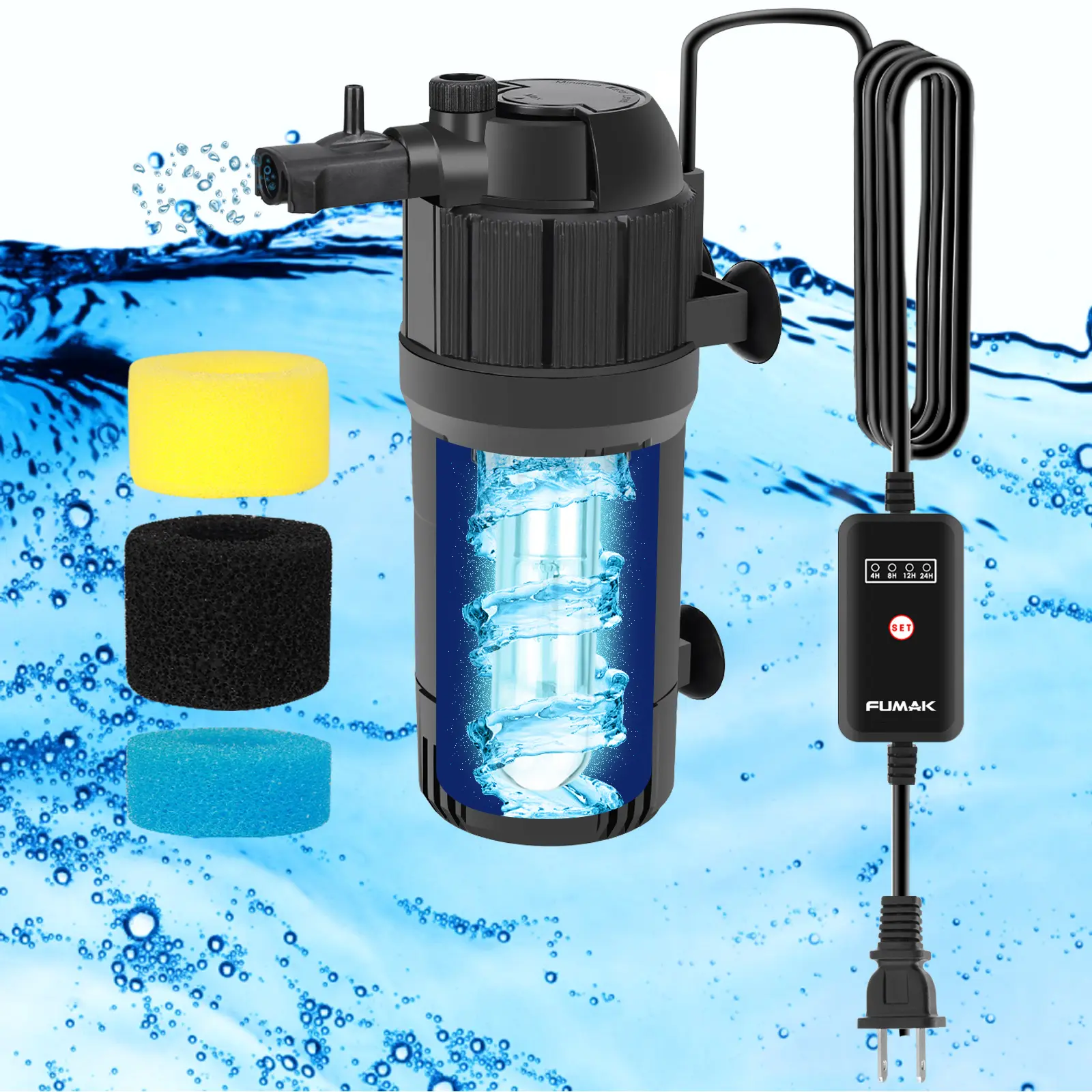 AquaMiracle U-V Aquarium Filter Fish Tank Filters Green Water Cleaning Filter Pump with Timer, Dual Mode (Aeration/Rainfall) for 10-120 Gallon Aquariums, Flow Rate and Direction Adjustable