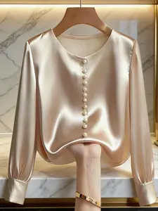 A women's casual fashion apricot round-neck long-sleeved pearl-buttoned commuter Blouse top, suitable for all seasons, ideal for home, indoor, and outdoor wear Shirts