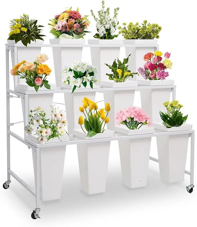 Flower Cart Display Stand, 3 Layers Metal Flower Bar Stand with 360° Swivel Wheels and Brake, Flower Display stand with Iron Buckets, Durable than Plastic Buckets, Flower Holder for Florist or Wedding