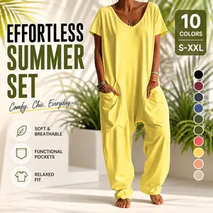 Women's Army Style Casual Loose Harem Jumpsuit - Deep V-Neck Short Sleeves, Large Pockets, Breathable Polyester-Spandex Loungewear, Lady's Tropical Office Wear, Matching S-XXL Sleepwear,summervibes summervibes