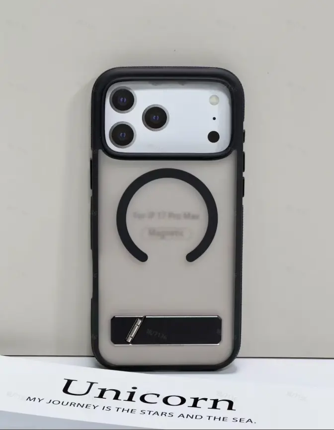 Matte Frosted MagSafe iPhone Case with Hidden Foldable Kickstand, Large Camera Cutout Shockproof Translucent Protective Cover Compatible with iPhone 12 13 14 15 16 17 Pro Max