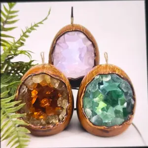 Natural Coconut Egg Crystal Geode Ornament, Healing Natural Crystal Decor, Jewelry Accessories Derivative with Metal Display Stand