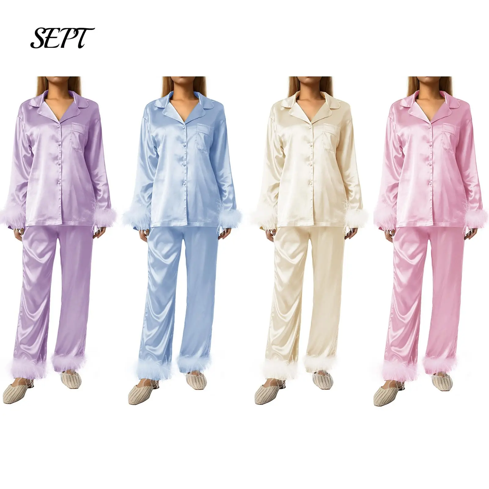 Women Satin Silk Pajamas Set with Fuzzy Feather Trim Solid Long Sleeve Shirt Tops High Waisted Pants Pjs Loungewear