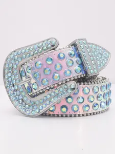 1pc Luxurious Western Cowboy Blue PU Cross Belt for Men & Women, Rhinestone Design, All Seasons, Party Wear, Street Style, Gift Idea, Western Buckle Belt