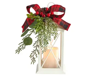 Nearly Natural 12" Holiday White Lantern w/Berries, Pine & Bow