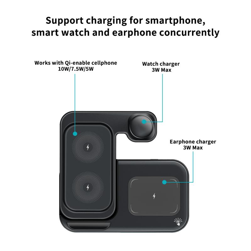 Folding 3-in-1 Wireless Charging Station 15W Fast Charger for IPhone 16-11, IWatch Ultra10-2/SE, AirPods 4-2/Pro, and Qi-compatible phones Folding 3-in-1 Wireless Charging Station 15W Fast Charger for IPhone 16-11, IWatch Ultra10-2/SE, AirPods 4-2/Pro, and Qi-compatible phones