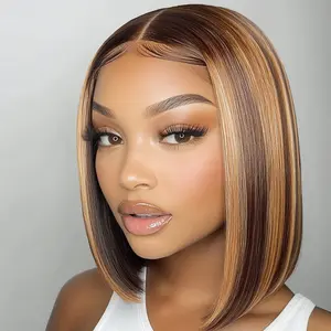 CurlyMe Wear Go Glueless Highlight Color Pre-cut Transparent Lace Straight Hair Bob Wigs - Pre-plucked