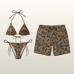 Camo Matching Couples Swimwear, String Bikini Set with Men’s Camouflage Swim Shorts Beach Party Outfit