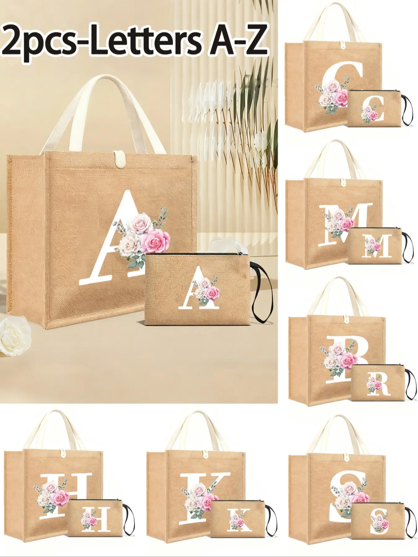 Personalized Gradient Flower Linen Handbag Set, Letter Printed Handbag, A-Z Letter Gift Bag, Beach Bag, Large Capacity Market Bag, Adjustable Strap