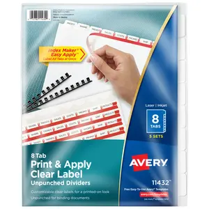 Avery 8 Tab Unpunched Dividers, Easy Print & Apply Clear Label Strip, Index Maker Customizable White Tabs, 5 Sets (11432)