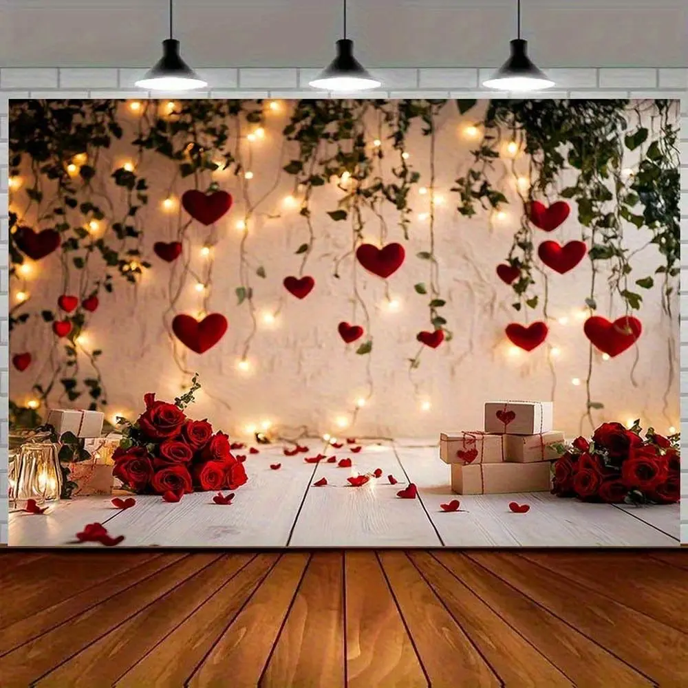 1PC 2D Flat Polyester Valentine's Day Romantic Heart Rose Backdrop Banner - Reusable Wedding Proposal Decoration Curtain, Indoor Shooting Prop with String Lights, Green Plants, Ideal for Birthday Parties