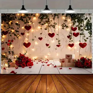 1PC,2D Flat Valentine's Day Romantic Heart Rose Backdrop, Wedding Proposal Party Decoration Curtain, Indoor Outdoor Shooting Prop Background Cloth, With String Lights, Green Plants And Heart Element